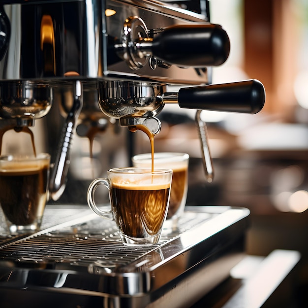 Foto handkoffie maken met de espresso-machine in de espresso-bar