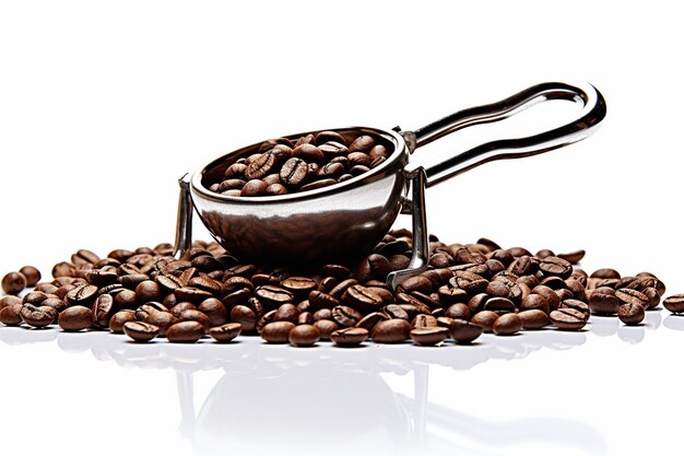 Photo handle filled with ground coffee on white background