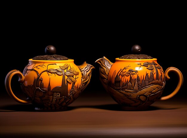 Photo handmade authentic asian teapot with 3d engraved art pattern on it made from ceramic