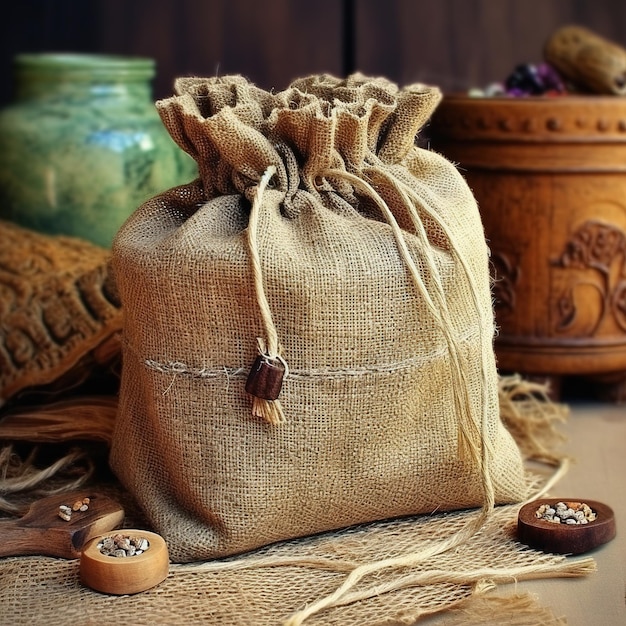 Handmade bag made of burlap Ecopackaging in a rustic retro style Generative AI