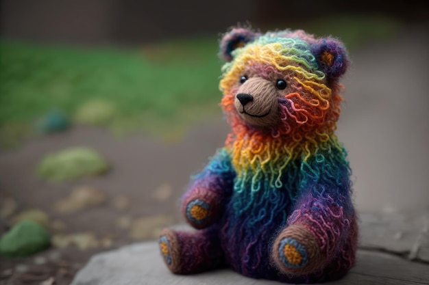 Handmade bear doll constructed of delicate and colorful yarns