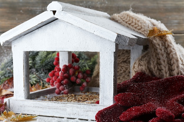 Handmade birdhouse in winter