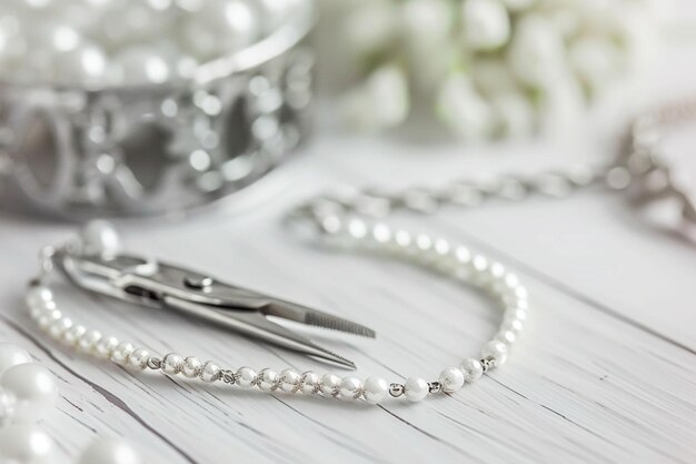 Photo handmade bracelet and pliers on white wooden desk