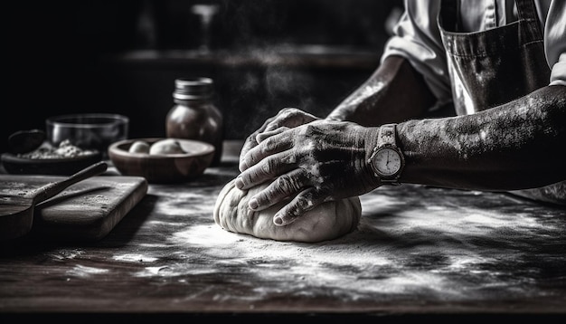 Handmade bread dough kneaded on rustic table generated by AI