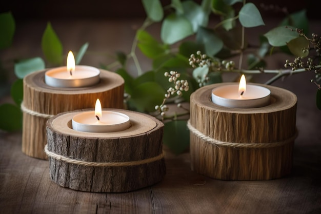 Handmade Candle from soy and wood Sustainability Eco concept copy space