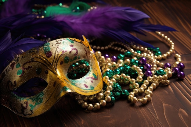 Handmade card featuring mardi gras mask and beads created with generative ai