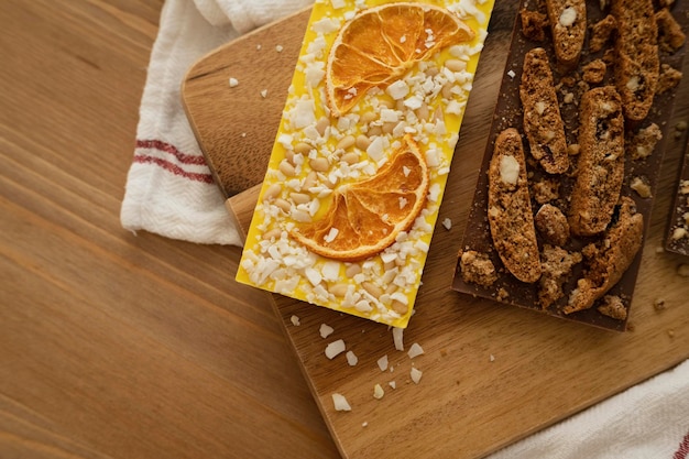 Handmade chocolate on a wooden tray