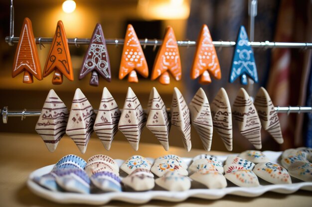 Photo handmade clay dreidels drying on a rack