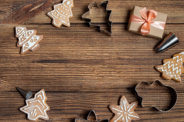 Handmade cookies gift box on a wooden brown background