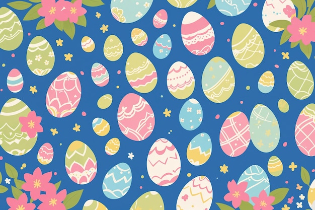 Handmade decorated Easter eggs on blue background