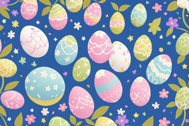 Handmade decorated Easter eggs on blue background