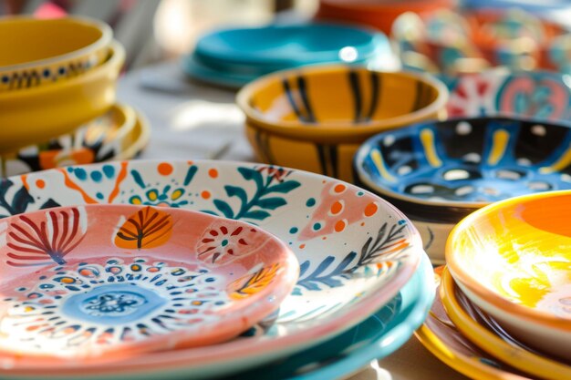 Handmade decorative ceramic tableware Colorful empty craft ceramic plates Generative AI