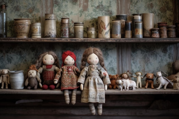 Handmade dolls displayed on a rustic shelf created with generative ai