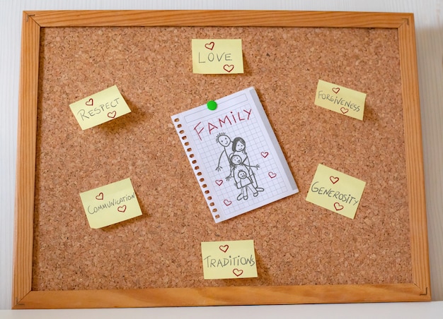 Foto disegno fatto a mano della famiglia sorridente e dei loro valori sulle carte allegate ad un fondo dell'insegna del sughero