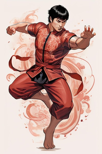 handmade drawing with red ink only a Shang Chi delicate and intricate pattern as background colorful contrast