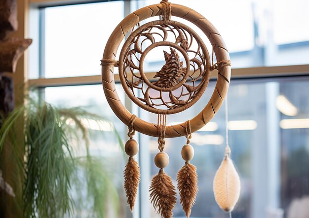 A handmade dream catcher with feathers threads and beads hanging on display