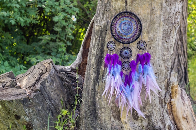 Handmade dream catcher with feathers threads and beads rope hanging