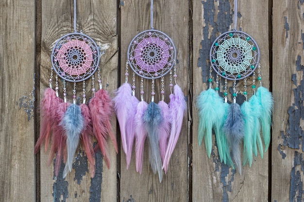 Handmade dreamcatchers with feathers