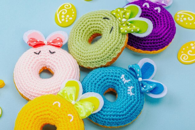 Handmade Easter concept Crocheted donuts bunnies with tradition