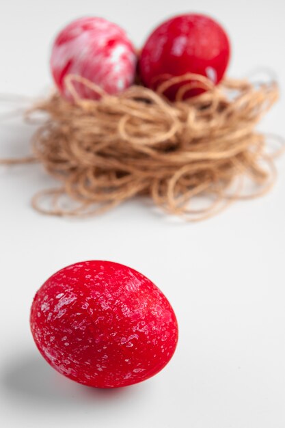 Handmade easter eggs on a white background