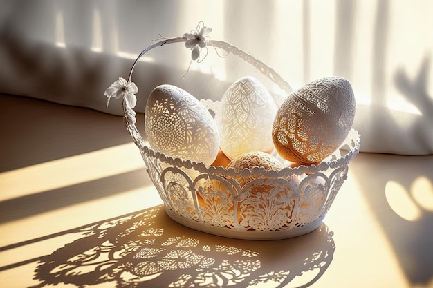 Handmade Easter eggs with white lace floral design on table