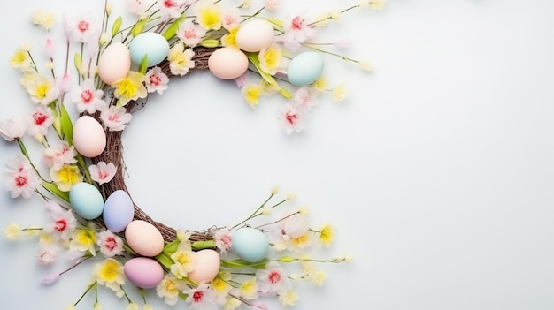 Handmade easter wreath with colored eggs and spring flowers Easter concept copy space flat lay