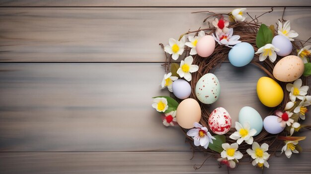 Handmade easter wreath with colored eggs and spring flowers Easter concept flat lay