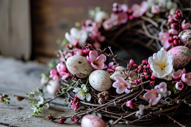 Handmade easter wreath with colored eggs and spring flowers