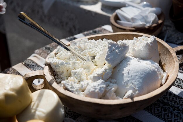 Handmade farm cheese in farmer's market