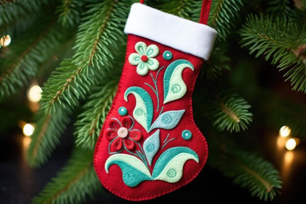 Photo handmade felt ornament shaped like a christmas stocking