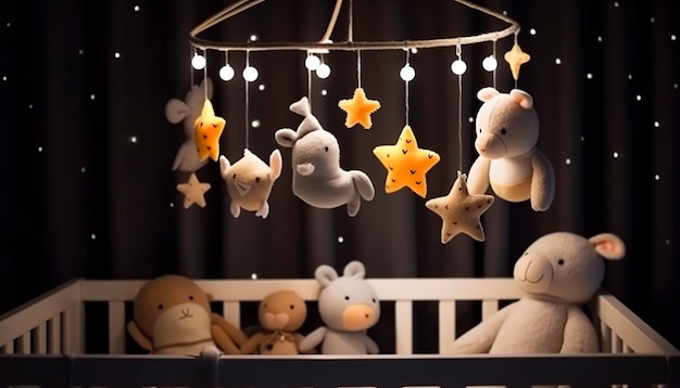 Handmade felt toys above the newborn crib with light garland in the night Baby crib mobile first baby ecofriendly toys cozy child's bedroom interior AI generated