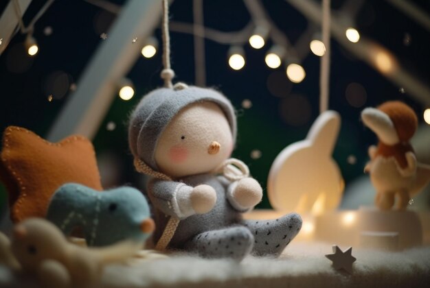 Handmade felt toys above the newborn crib with light garland in the night generative ai