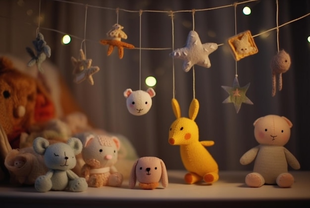 Handmade felt toys above the newborn crib with light garland in the night generative ai