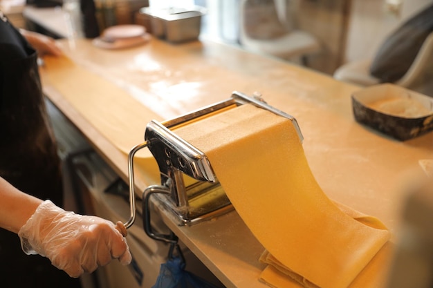 handmade fresh pasta making process. close up