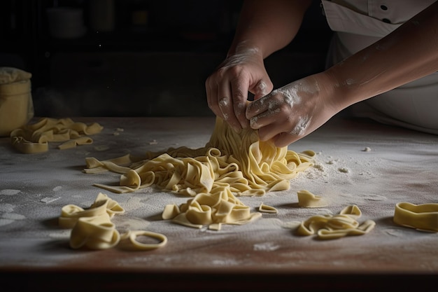 Handmade fresh pasta on a white marble board generative IA