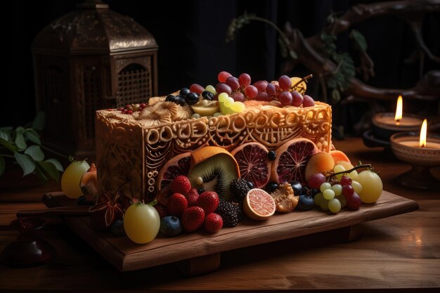 Handmade fruit cake with intricate design and stunning display of fruits created with generative ai