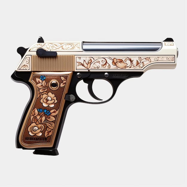 Handmade Golden Brown Pistol With Floral Designs Hyperrealistic Popart Fusion