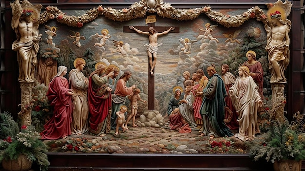 Photo handmade good friday tapestry depicting depicting a moment of tranquility