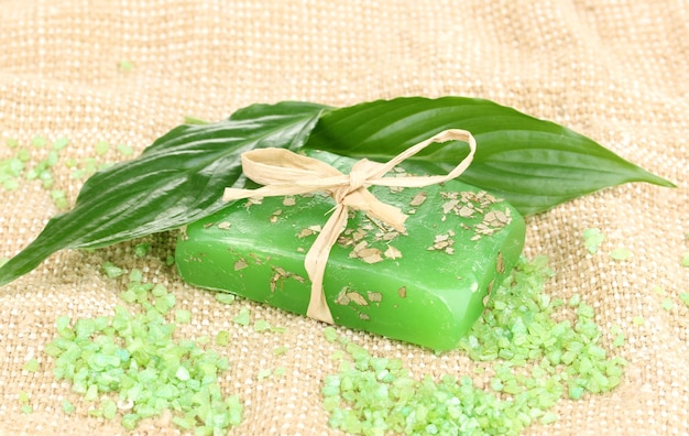 Handmade herbal soap on sackcloth