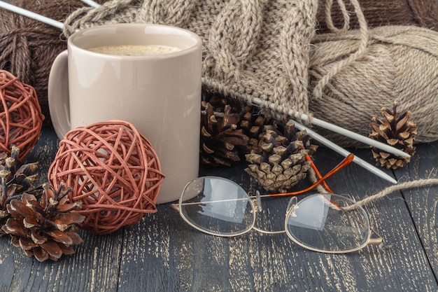 Handmade hobby concept, knitting yarn ball on table