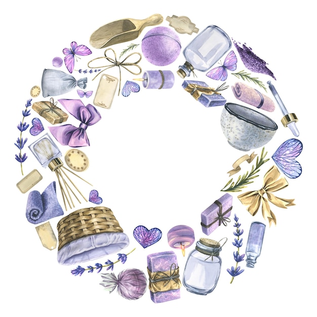 Articoli fatti a mano per cosmetici da bagno spa cornice rotonda con illustrazione ad acquerello da un grande set di lavanda spa per sfondo logo decorazioni pubblicitarie stampe menu salone di carta da imballaggio