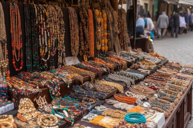 Handmade jewelry and accessories stall in bustling market created with generative ai