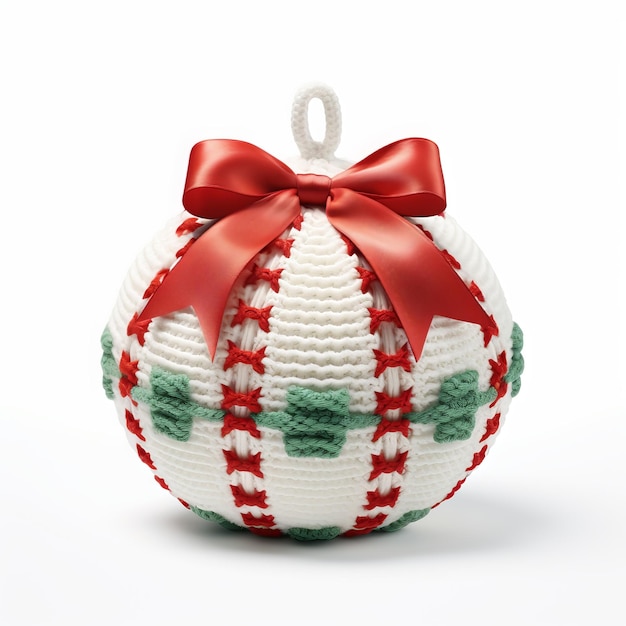 Handmade knitted christmas ball with red bow on white background