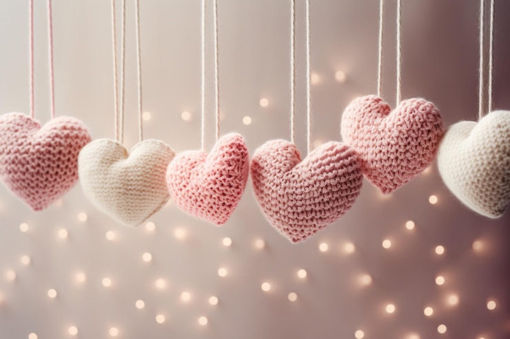 Photo handmade knitted hearts festive banners