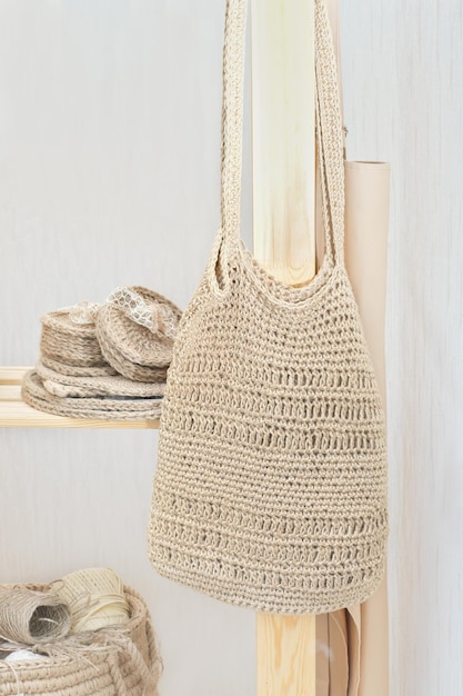 황마로 만든 수제 니트 숄더백 boho 에코 구매자 재사용 가능한 지속 가능한 쇼핑 DIY 가방 제로 폐기물 라이프 스타일 수직