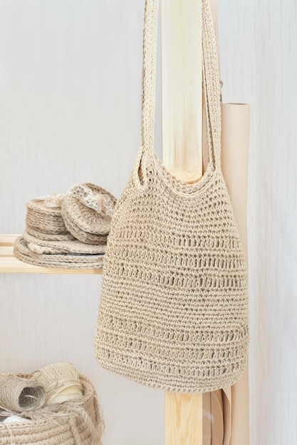 Borsa a spalla a maglia fatta a mano in giuta boho eco shopper riutilizzabile per acquisti sostenibili diy