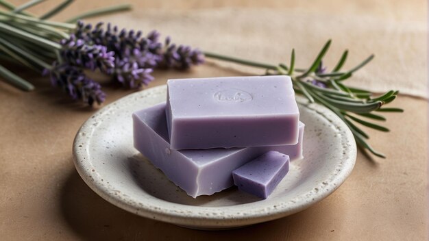 Handmade lavender soap bar on ceramic plate
