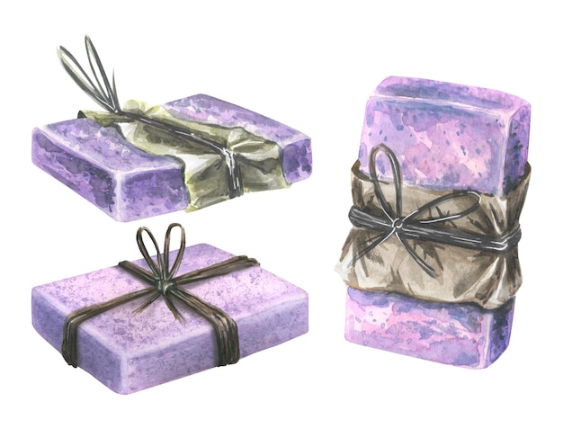 Handmade lavender soap wrapped with kraft paper and rope Watercolor illustration Mini set of isolated objects from the LAVENDER SPA collection For decoration and design