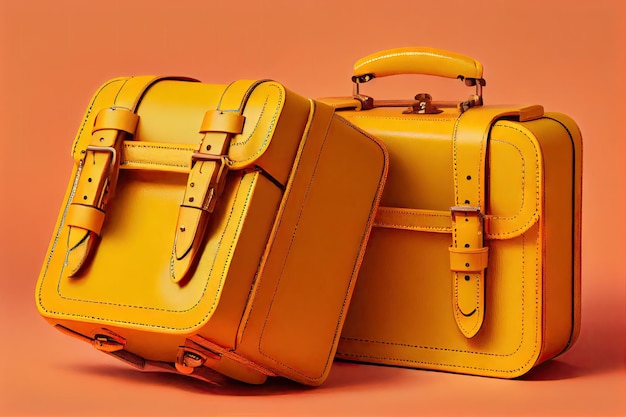 Handmade leather suitcases for traveling on yellow background