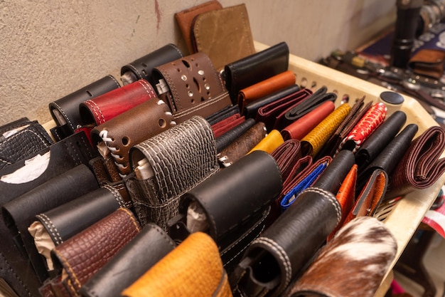 Handmade leather wallets stored to be put up for sale